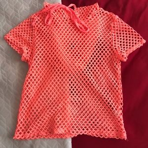 Neon pink mesh/net short-sleeve hoodie
